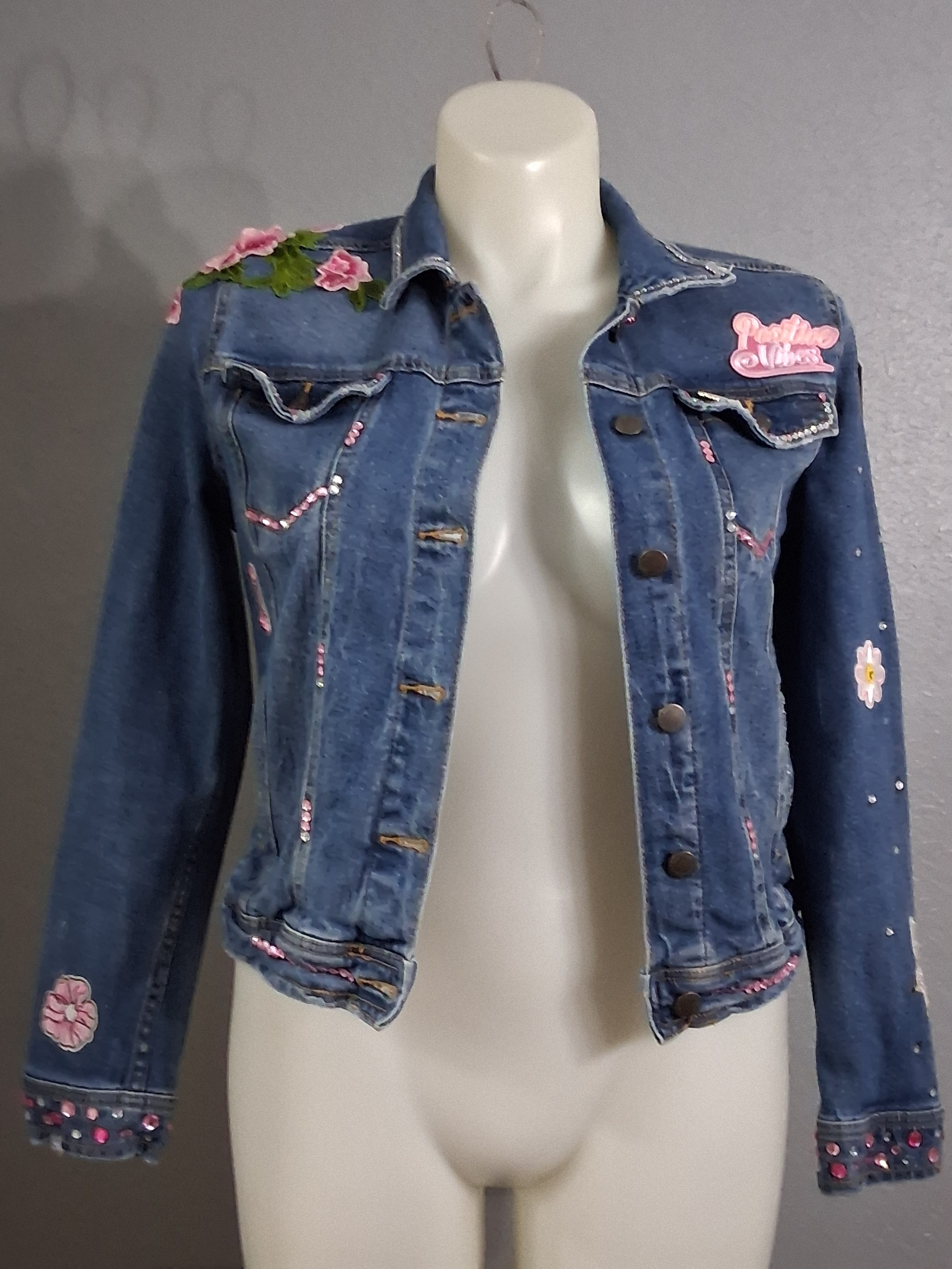Women's Blue Denim Jacket With Pink Rose Floral Embroidery